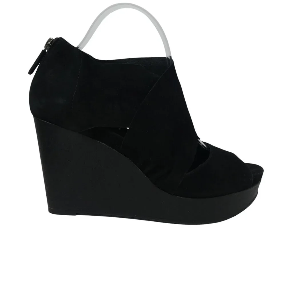 Eileen Fisher Black Leather Open Toe Platform Wedge Sandals Womens 9